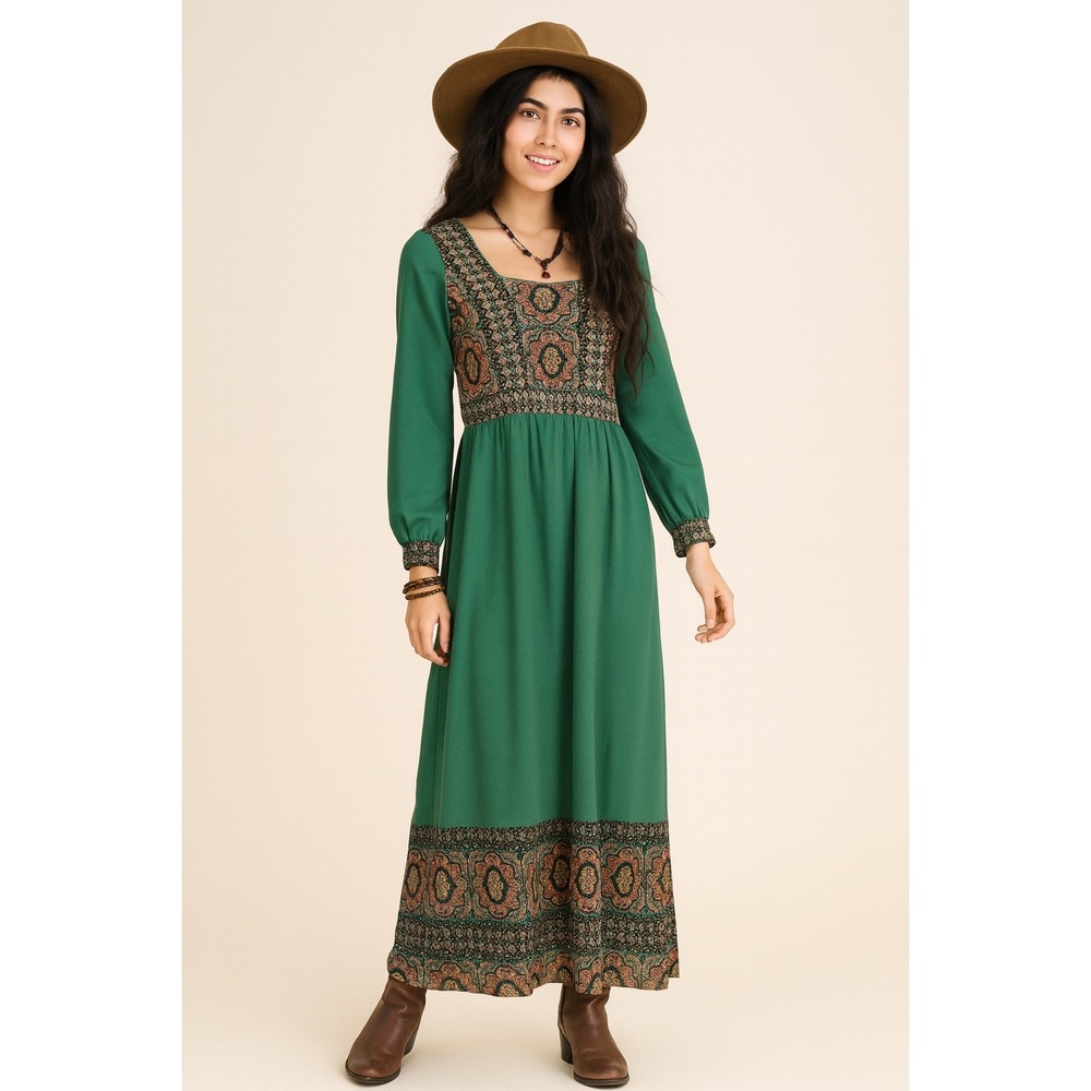 Womens Green Chiffon Vintage‎  70s Boho Hippie Festival Maxi Dress Size Small